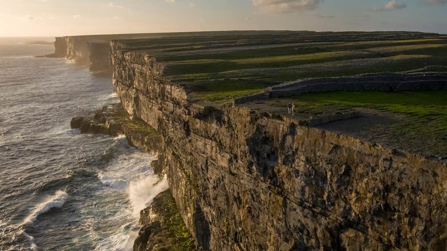 Aerial image of people at Dun Aengus on Inishmore Island, County Galway