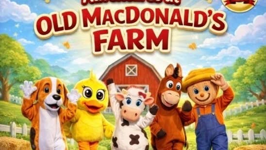 Adventures on Old MacDonald's Farm, lineup of 5 people in different animal costumes with cartoon farm background.