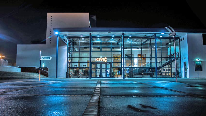 The exterior of the Civic Theatre at nightime