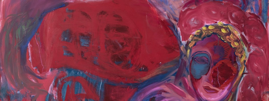 An abstract painting of a pink and red crouching figure with golden yellow hair. In the background are abstract shapes in deep red, pink and blue.