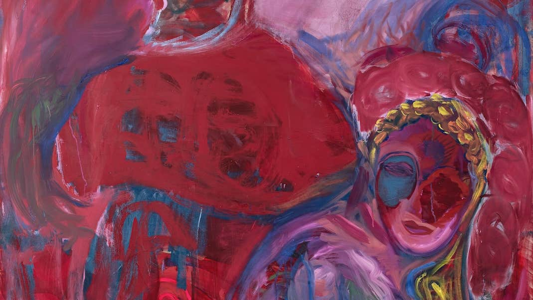 An abstract painting of a pink and red crouching figure with golden yellow hair. In the background are abstract shapes in deep red, pink and blue.