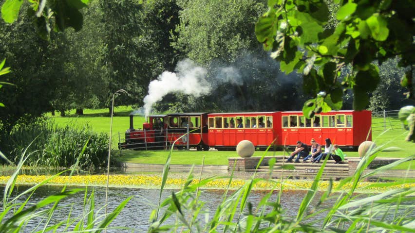 Train in motion through the gardens at Oakfield Park