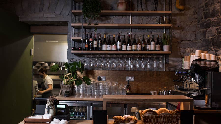 View to the kitchen and counter of Éan Bakery, Restaurant & Wine Bar