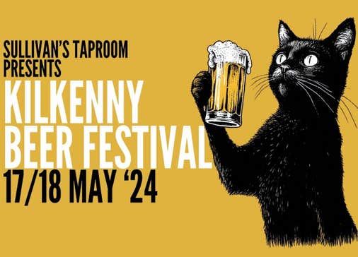 A drawing of a black cat holding up a pint of fluffy headed beer beside event text in black and white, all against dull yellow background.