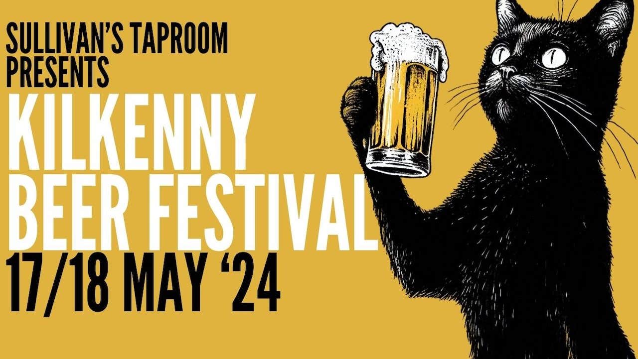A drawing of a black cat holding up a pint of fluffy headed beer beside event text in black and white, all against dull yellow background.