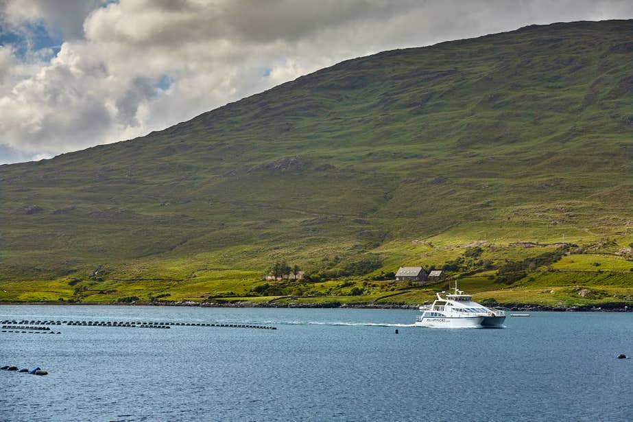 A boat cruising into Killary Harbour in County Galway.