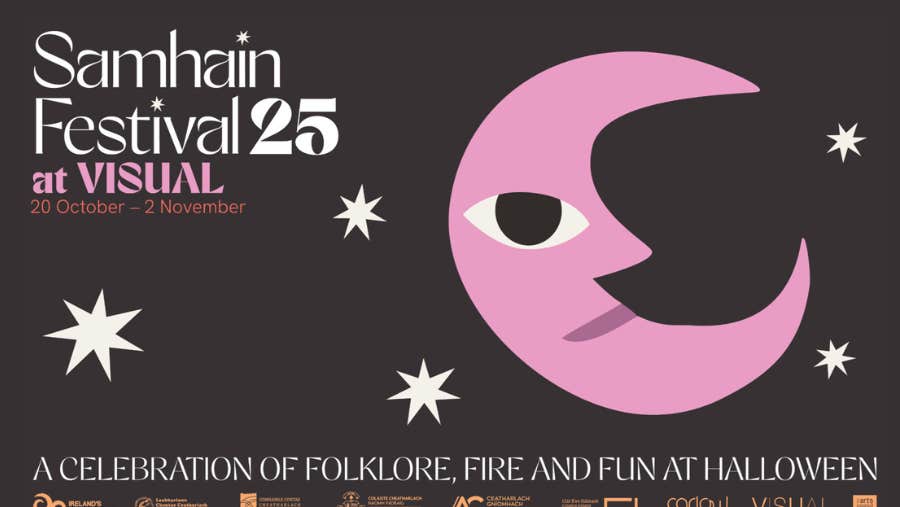 Poster for Samhain Festival 25 at VISUAL, black background with purple half moon and a few stars.