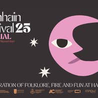 Poster for Samhain Festival 25 at VISUAL, black background with purple half moon and a few stars.