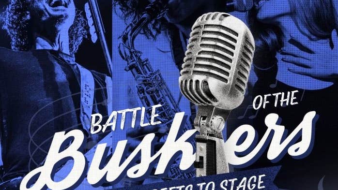 Promotional poster for Battle of the Buskers at Buskers Bar, Temple Bar, Dublin. Live music competition