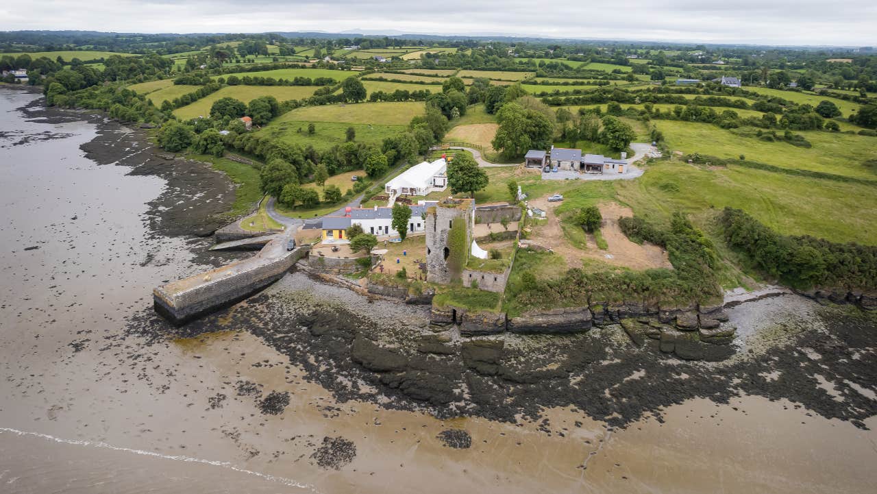 Aerial view of houses and castle