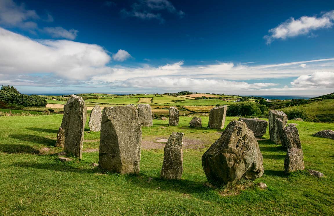 Drombeg Stone Circle, near Glandore, County Cork on a sunny day.
