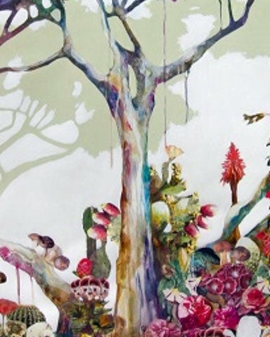 A painting depicting a forest scene with colourful birds and butterflies
