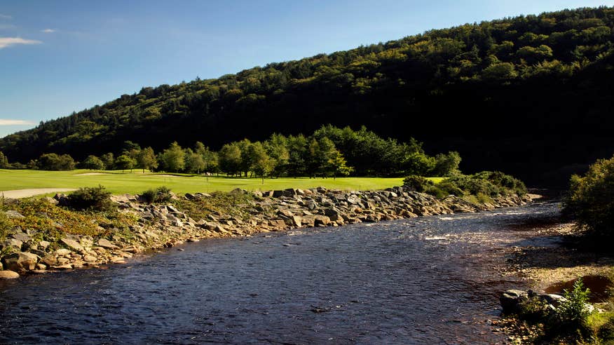 A river running beside a hole and green of a hole at Woodenbridge Golf Club in Wicklow.