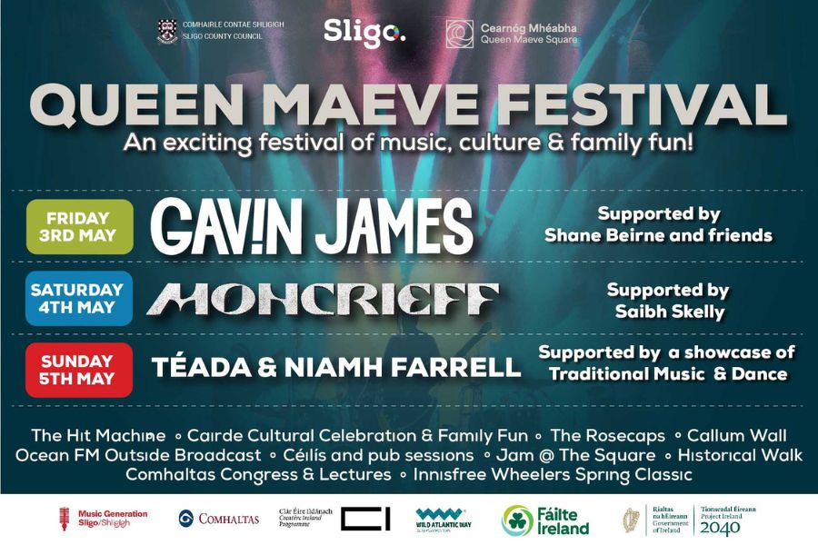 The new Queen Maeve Festival is taking place in Sligo on the May Bank Holiday Weekend from Friday 3rd to Sunday 5th May 2024. This is a special celebration hosted by Sligo County Council for the opening of Queen Maeve Square in Sligo town.