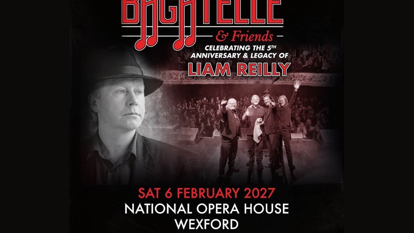 Bagatelle & Friends Liam Reilly poster with 4 men on a stage