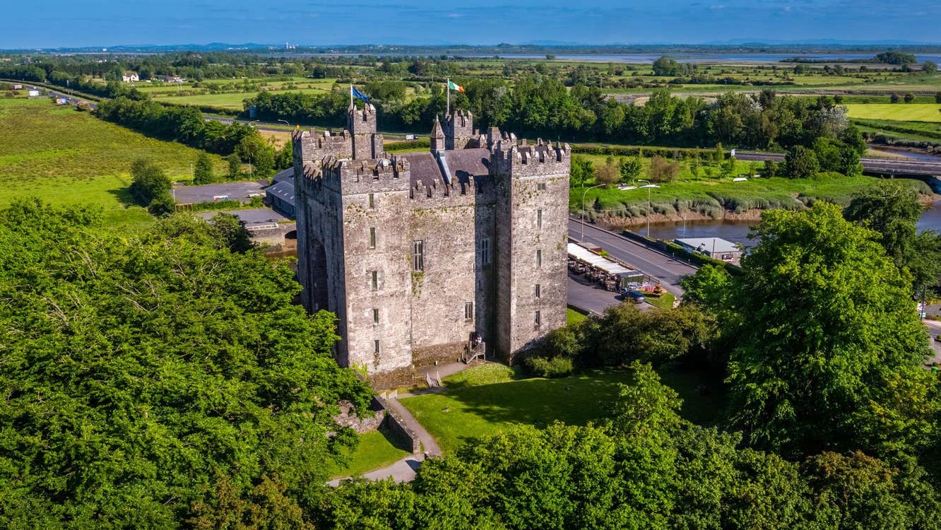 An aerial view of a castle surrounded by trees