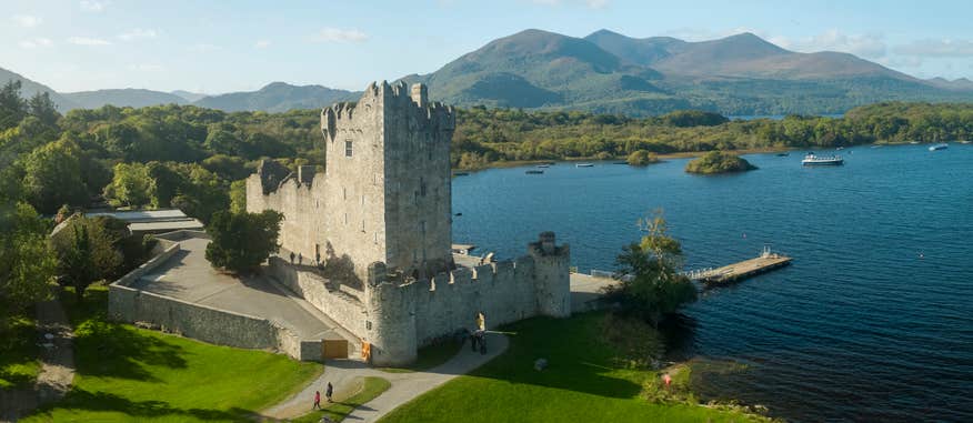 Aerial image of Ross Castle in Killarney National Park in County Kerry