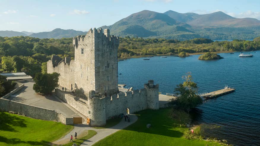 Aerial image of Ross Castle in Killarney National Park in County Kerry