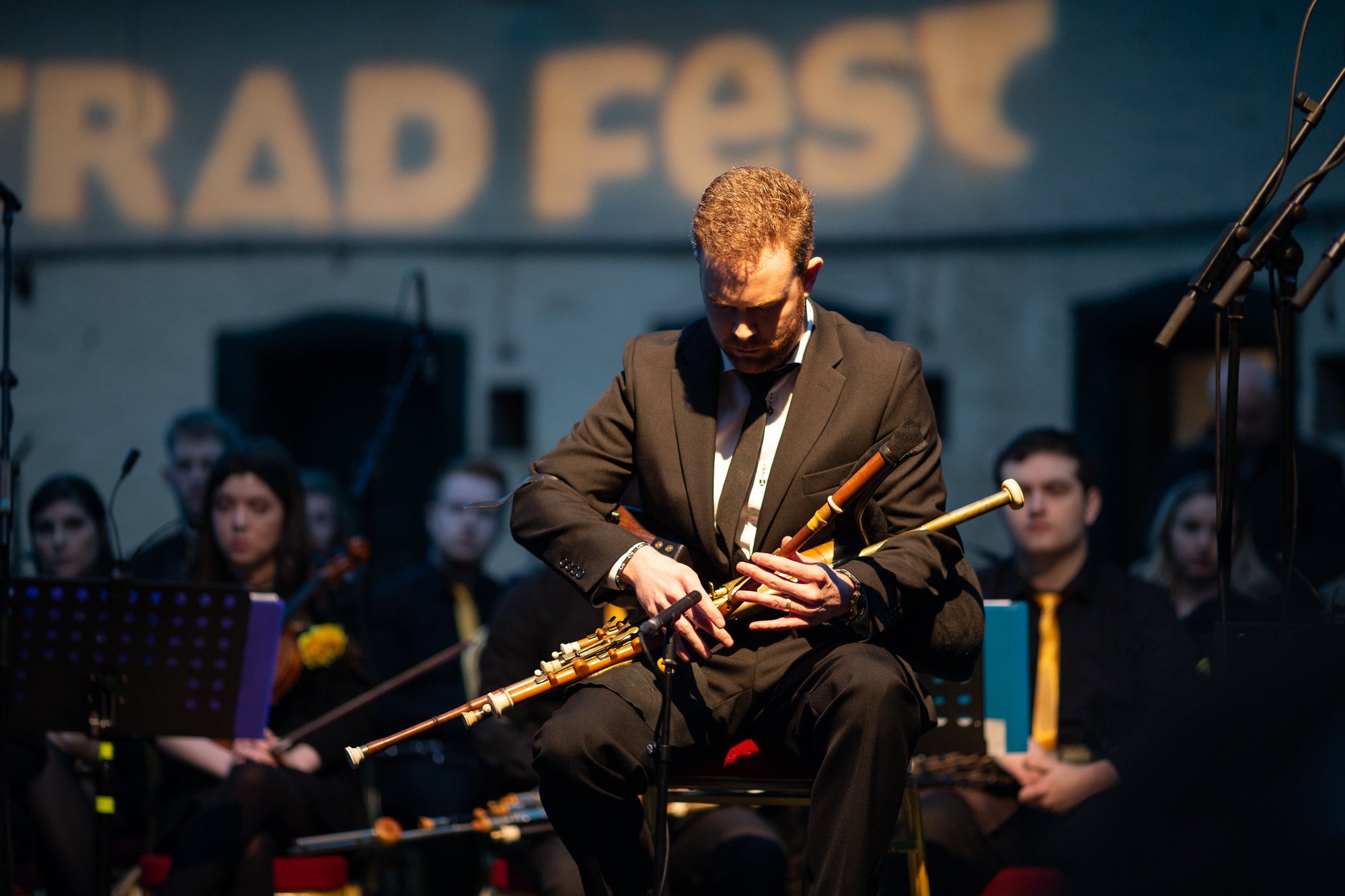 Uilleann piper playing at Irish music festival TradFest in Dublin.