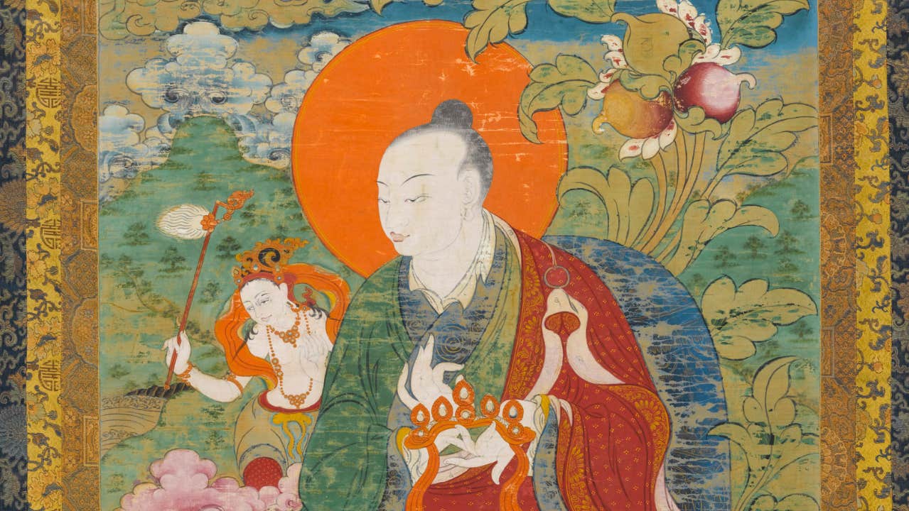 Detail of The Arhat Rahula Bhadra, Thangka, Tibetan-Chinese, 18th century