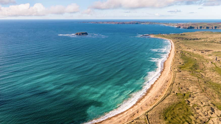 Aerial view of Pollan Bay in Ballyliffin, Co Donegal
