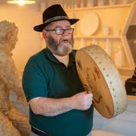 Vincent, performer guide at Kerry Writers' Musuem plays the bodhrán during a performance of 'Many Young Men of Twenty' by John B. Keane