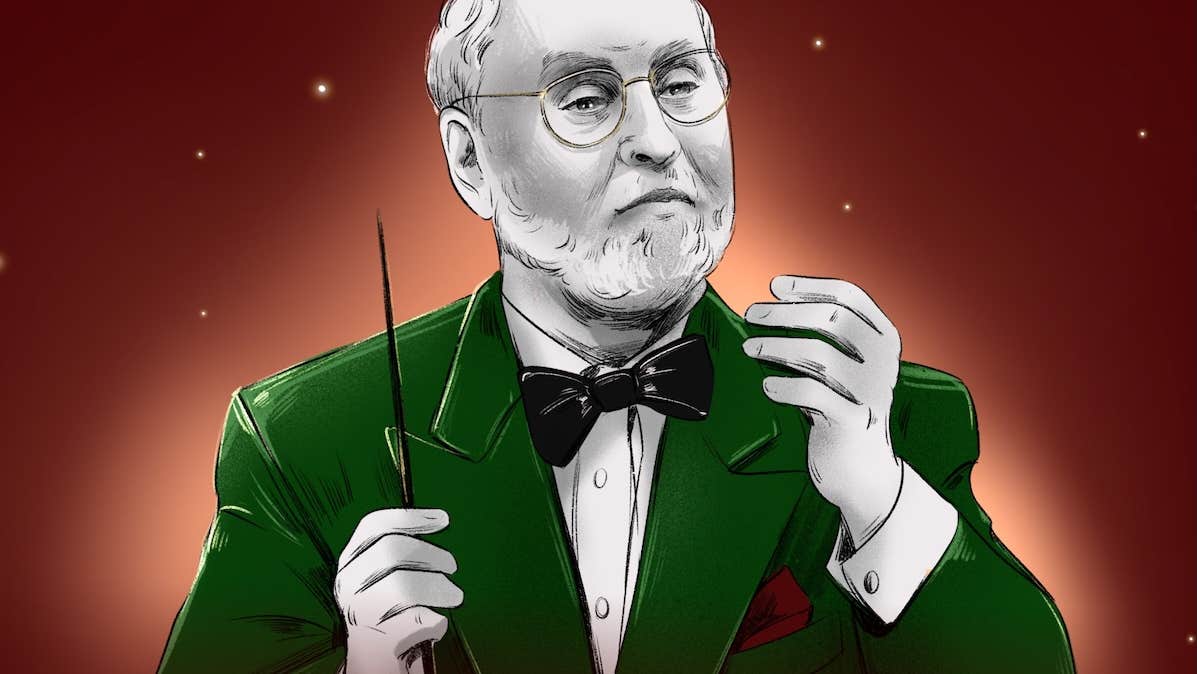 Cartoon type image of older man in green evening jacket holding his hands up with a small black baton.