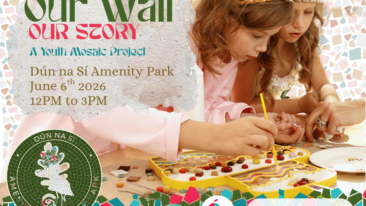 Poster for event Our Wall, Our Story, young children working on art works on a table