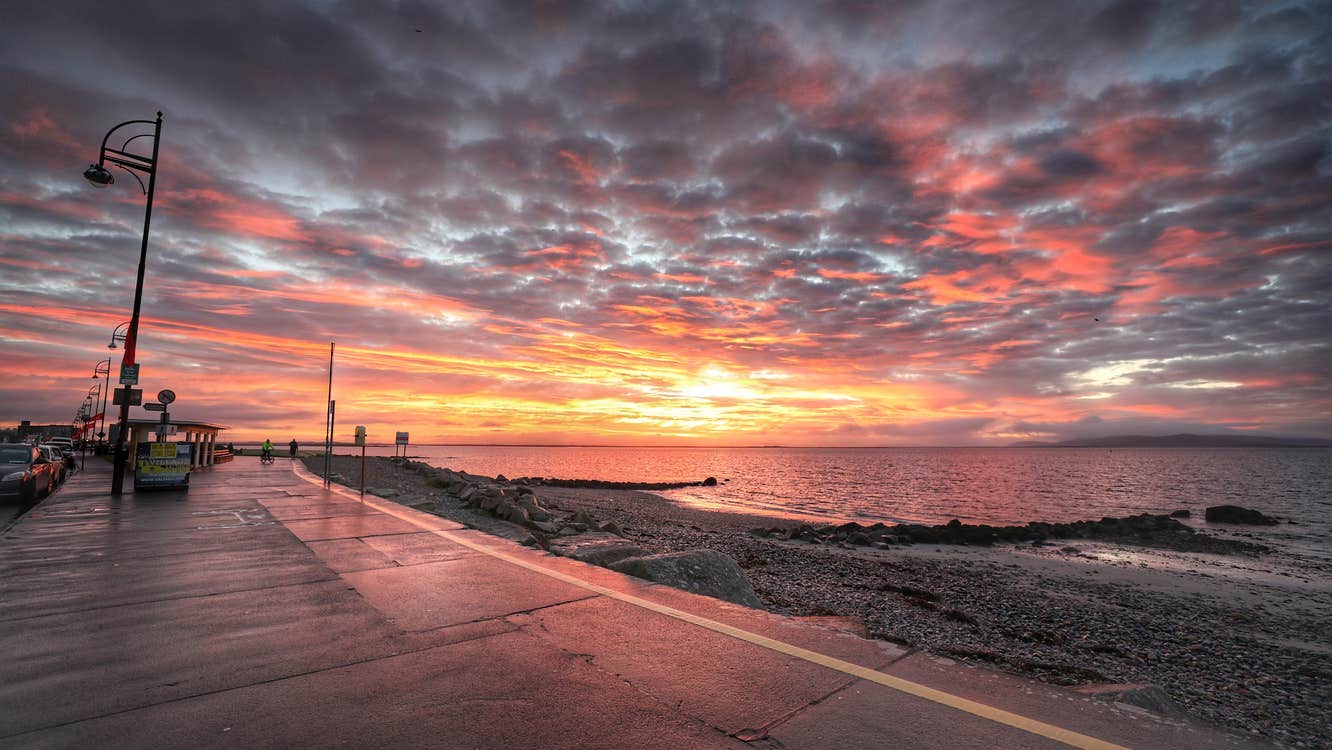 Salthill Promenade in Galway at sunset.