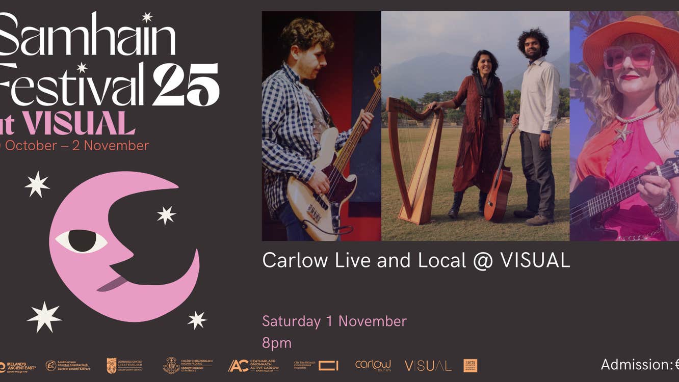 Poster for Carlow Live and Local @ VISUAL with 3 photos of different musicians with their instruments.