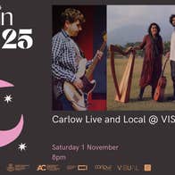 Poster for Carlow Live and Local @ VISUAL with 3 photos of different musicians with their instruments.