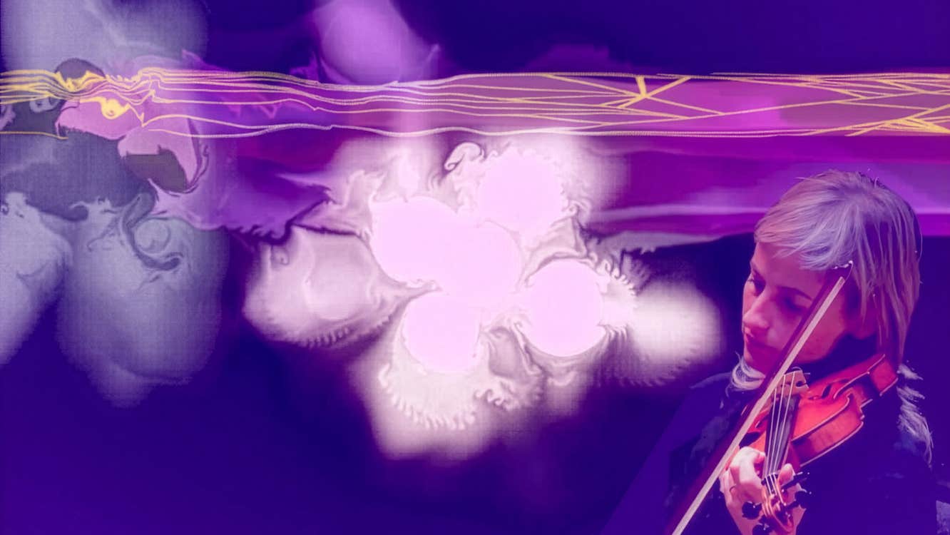 Ioana Petcu-Colan playing a violin with abstract imagery in the background.