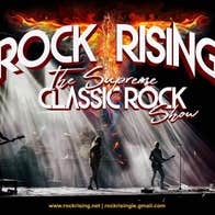 Rock Rising, The Supreme Classic Rock Show, figures playing guitars on a large stage lit by huge white spotlights.