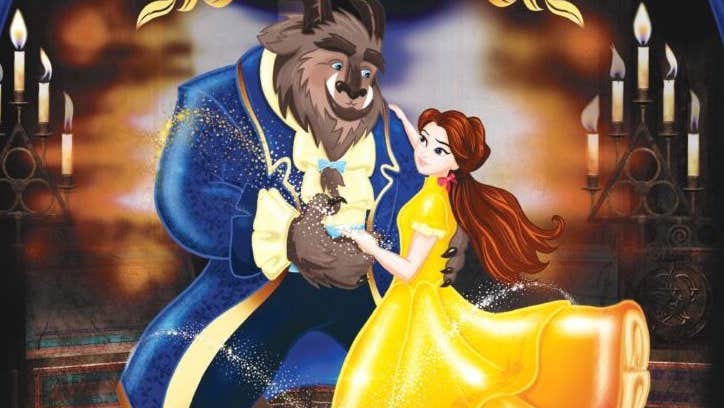 Cartoon image of woman in bright yellow dress dancing with large man in blue jacket and large animal head.