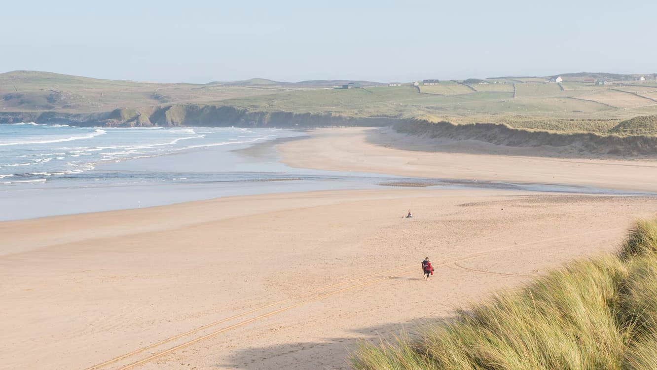 Golden sand with fields beyond the sea