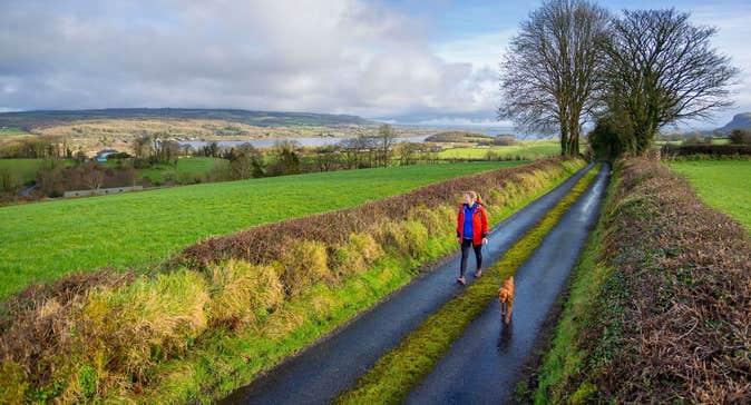 A woman walking a dog along a quiet country lane