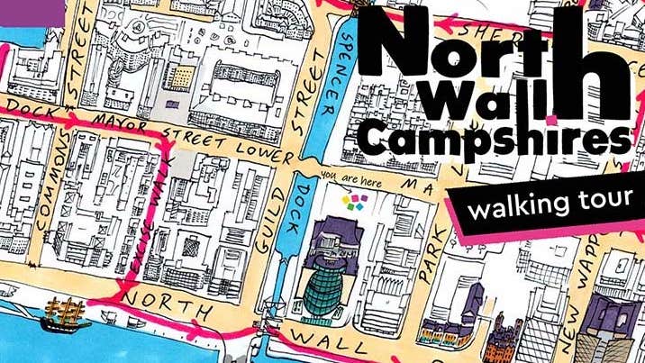 Image depicts a map of Dublins Docklands with the route of the walking tour, highlighted in red