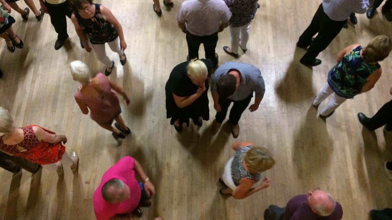 A bird's eye view of dancers at a céilí in St. Brigid's Hall, Tubbercurry, County Sligo during the South Sligo Summer School. This beautiful sprung maple floor is well utilised day & night for a full week of sets and sean nós dancing.
