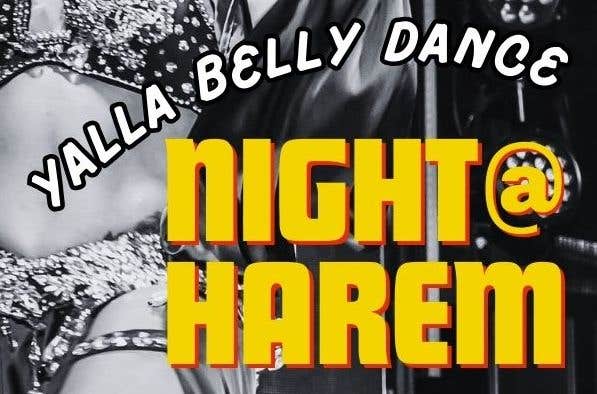 Black and white image of a belly dancing figure overlaid with yellow text.