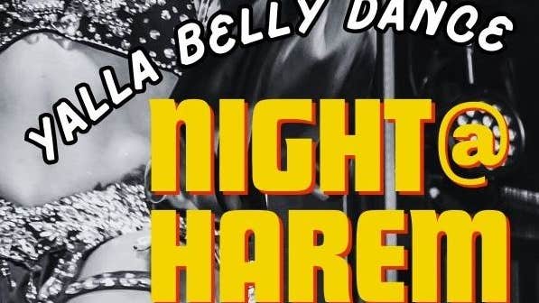 Black and white image of a belly dancing figure overlaid with yellow text.