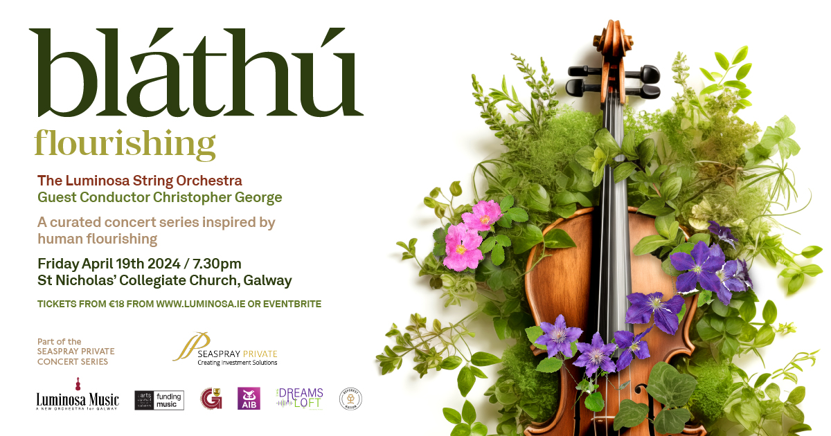 Poster showing details of April concert. A partial view of a violin surrounded by foliage and flowers