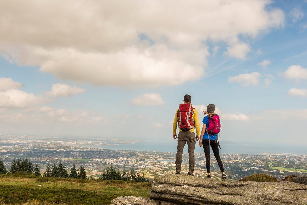 Two people hiking at Three Rock Mountain, Co. Dublin