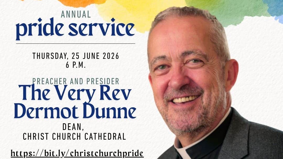 Dean Dermot Dunne's portrait overlays information about the annual Pride Service at Christ Church Cathedral