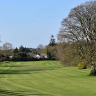 Golf green with trees on either side and a white house in the background