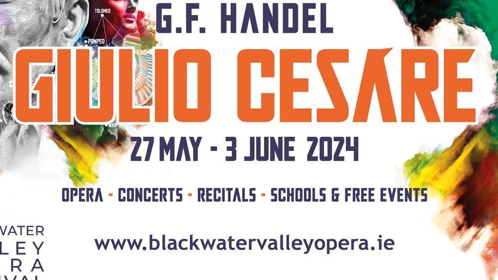 G.F. Handel's Giulio Cesare, part of poster with black or orange text against white background
