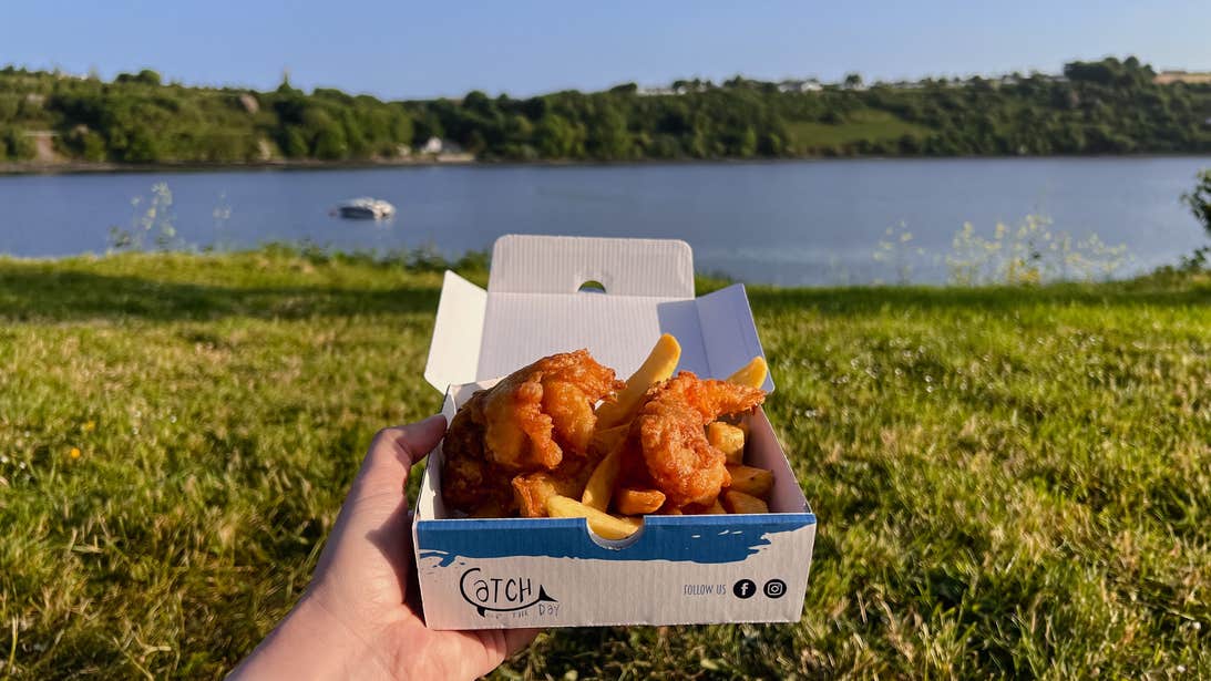 A box of fish and chips from Catch of the Day in Kinsale, County Cork.