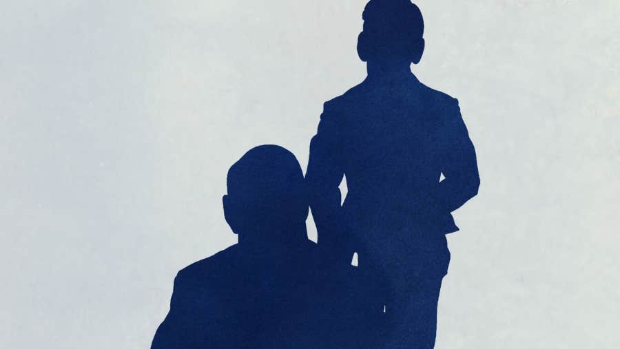 Sure Look, Sure Listen - silhouette in dark blue of 2 figures, one seated, the other standing behind against plain pale background.