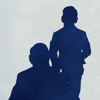 Sure Look, Sure Listen - silhouette in dark blue of 2 figures, one seated, the other standing behind against plain pale background.