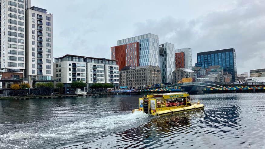 People on a Viking Splash Tour in Grand Canal Docks in Dublin city