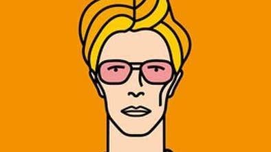 Simple cartoon type image of a face wearing pink sunglasses with yellow hair against orange background.